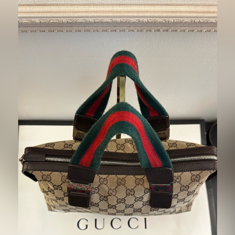 Gucci Beige GG Canvas Tote with Green and Red Striped Handles - Picture 6 of 12